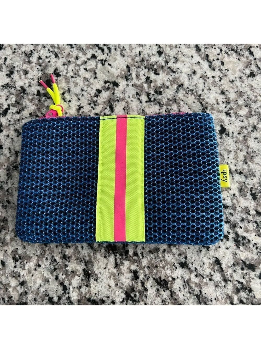 Ipsy Blue Mesh Makeup Bag Neon Stripe Cosmetic Pouch Zipper Case